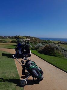 golf bag golf buggy on golf course