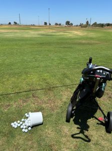 golf balls on ground with golf bag